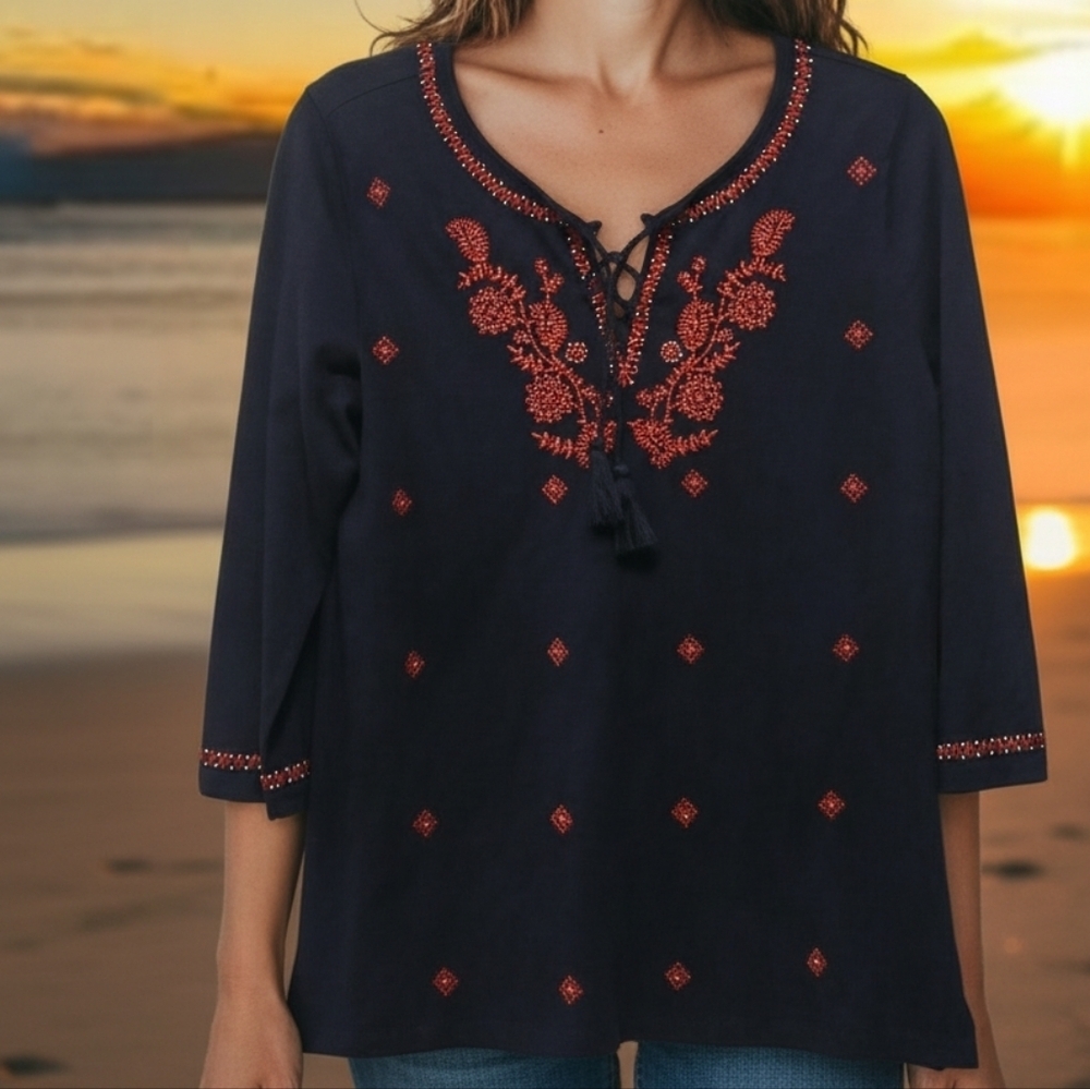 Talbot's -Navy Blue Top W/Red Embroidered Floral & Diamond Design W/ Faux Pearls